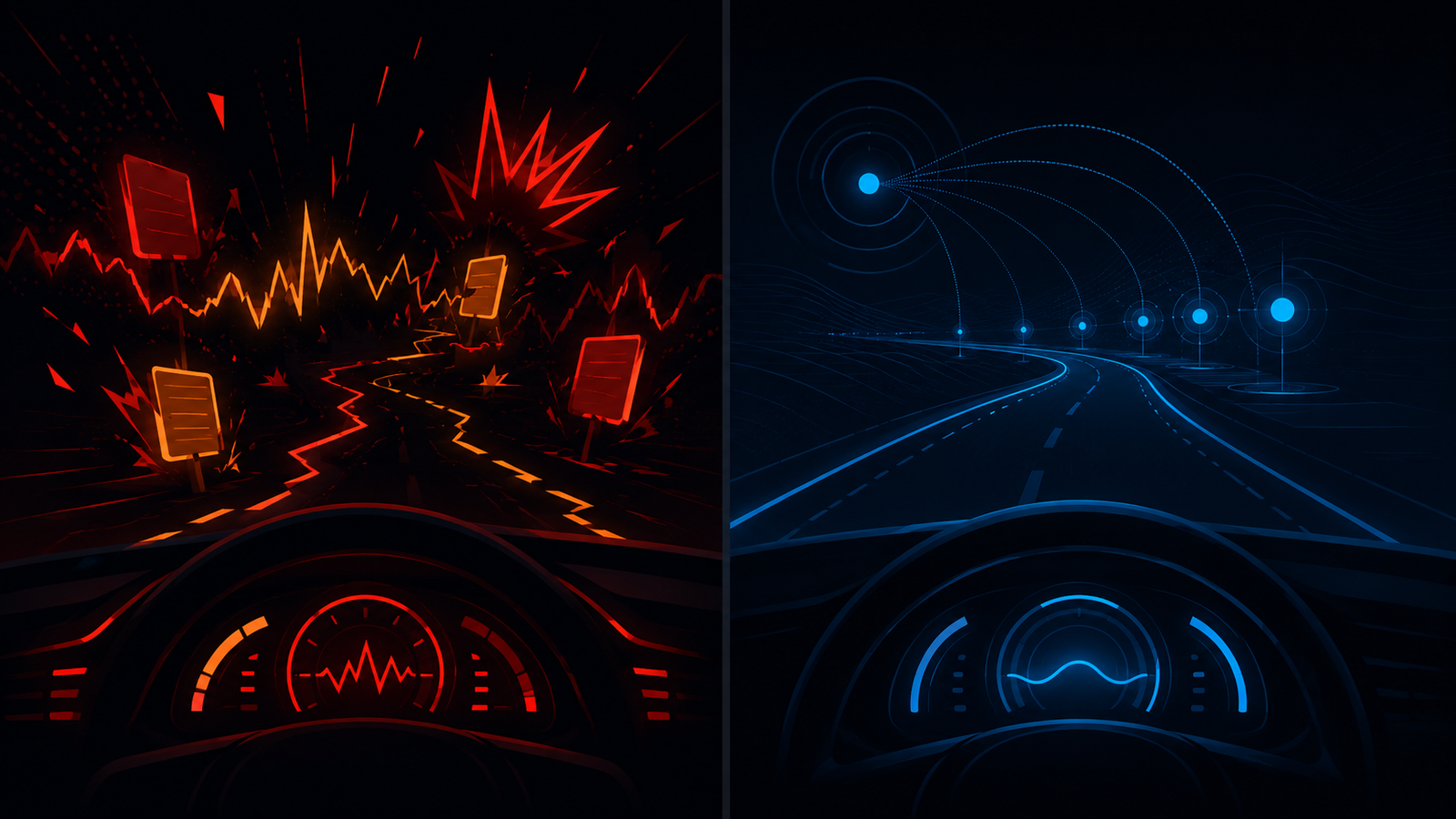 Illustration contrasting a stressful unexpected drive with a calmer, more aware driving experience