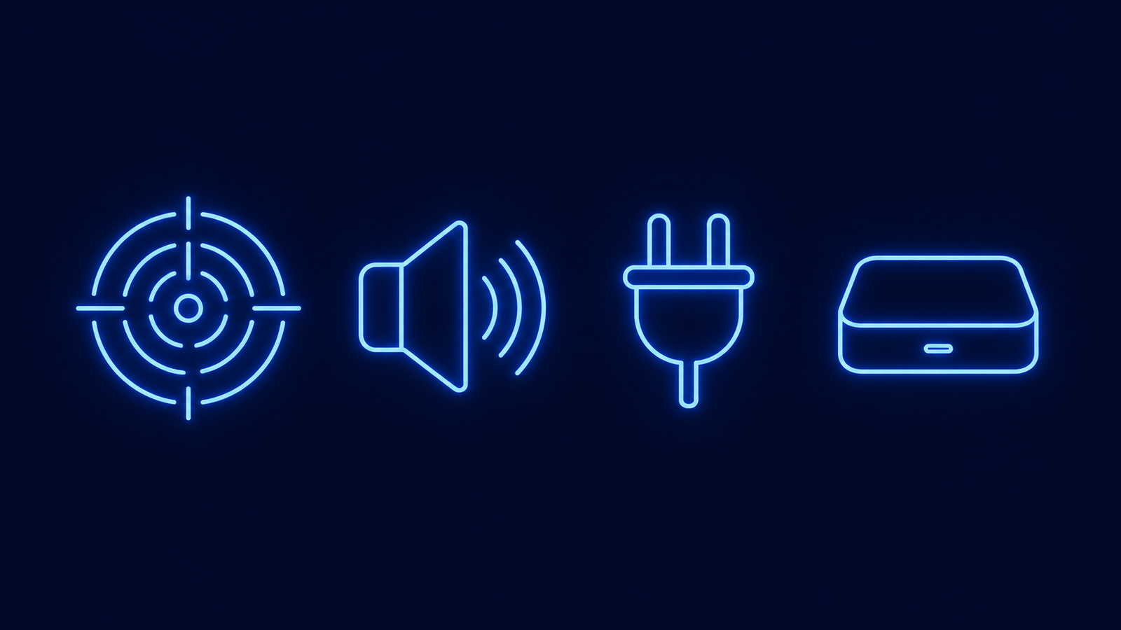 Icons representing 360-degree detection, voice alerts, plug-and-play setup, and compact design