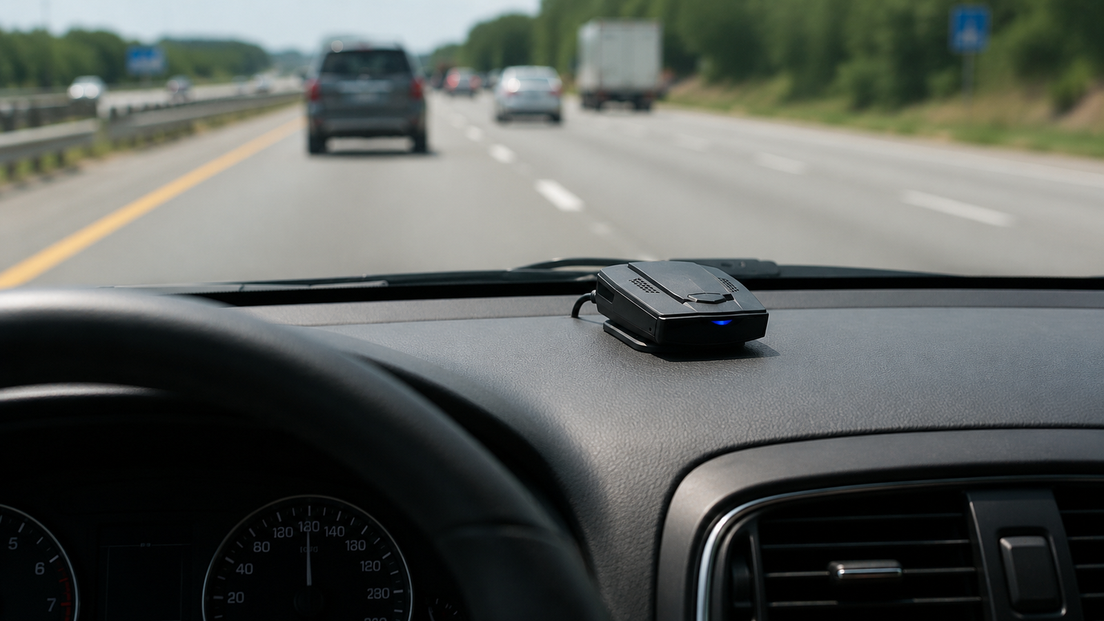 Speeder Pro radar detector mounted on a car dashboard during a highway drive