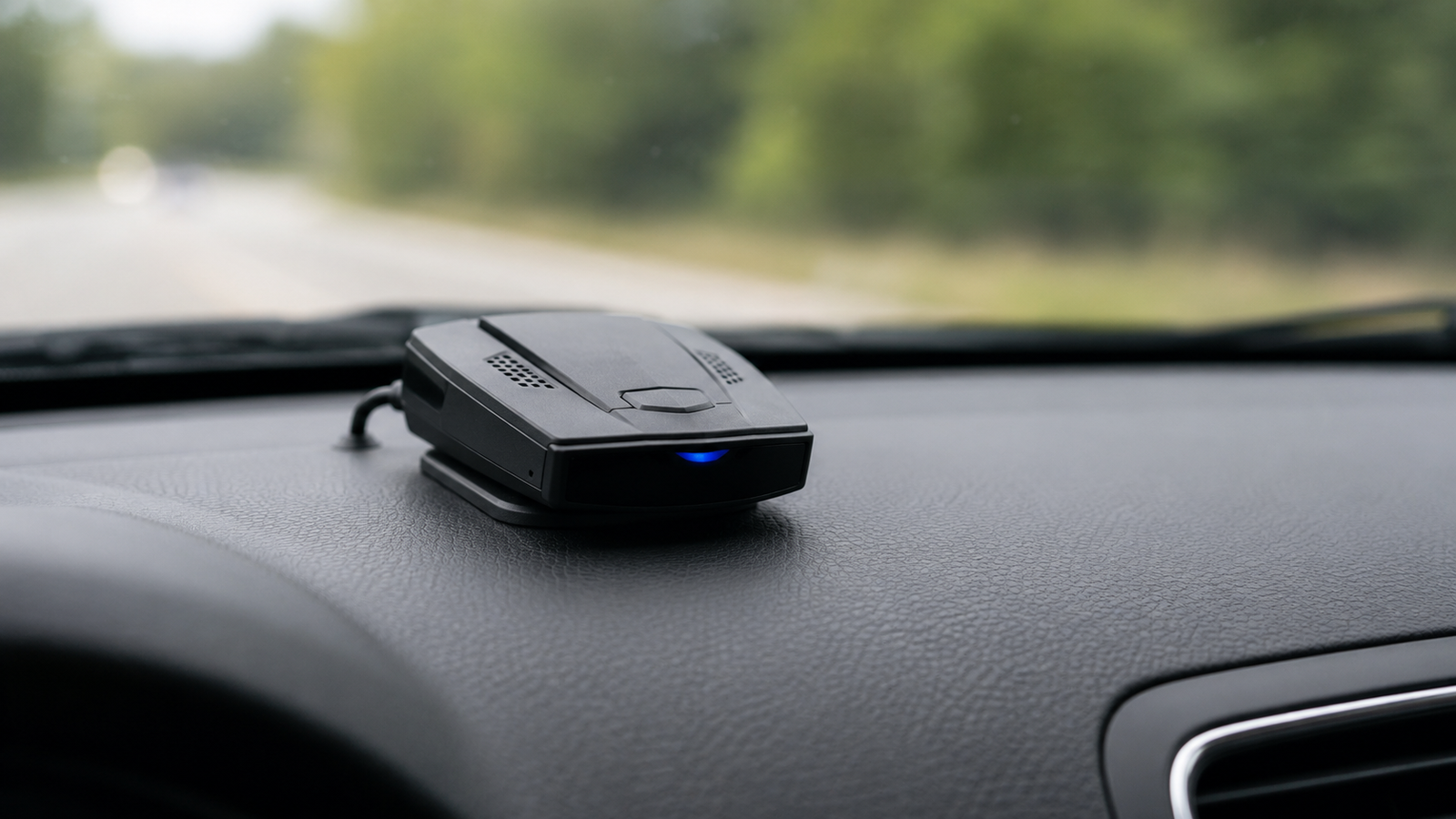 Close-up view of the Speeder Pro device on a car dashboard with a highway ahead